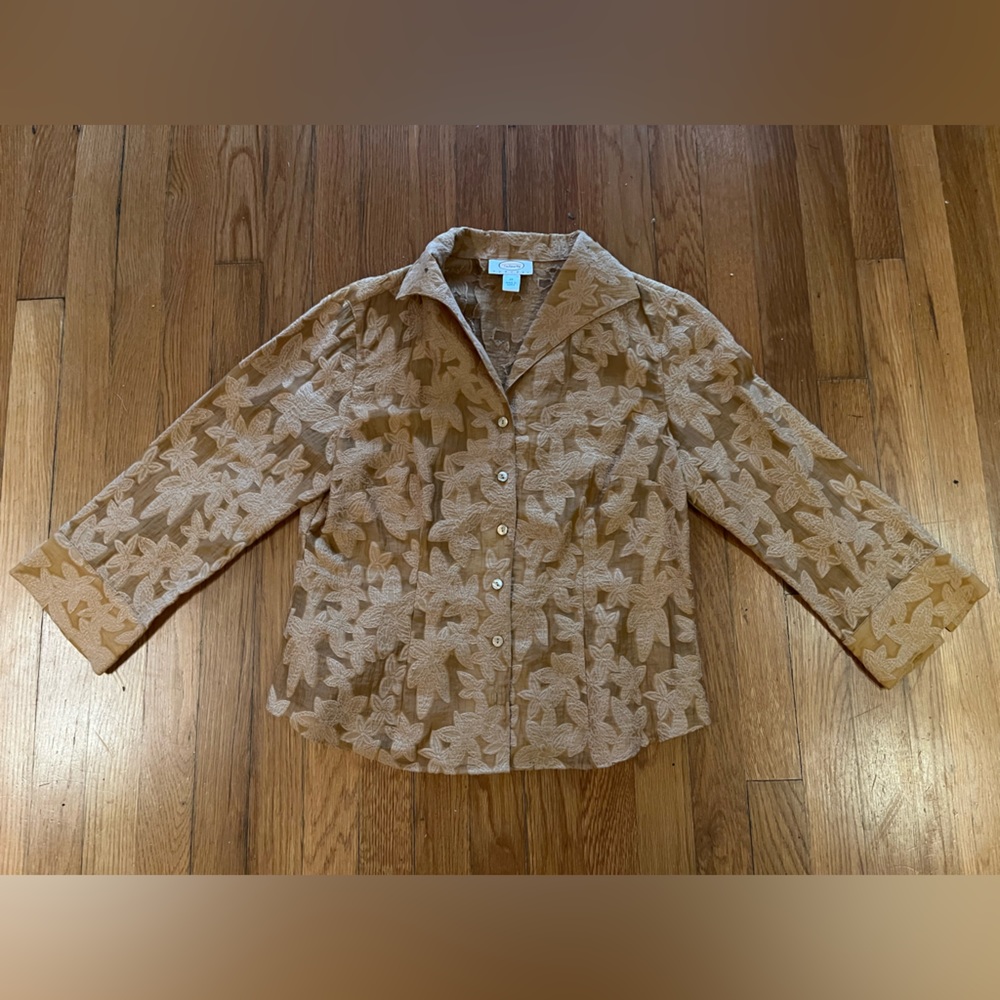 Talbots Gold floral design 3/4 sleeve linen blouse, size 10